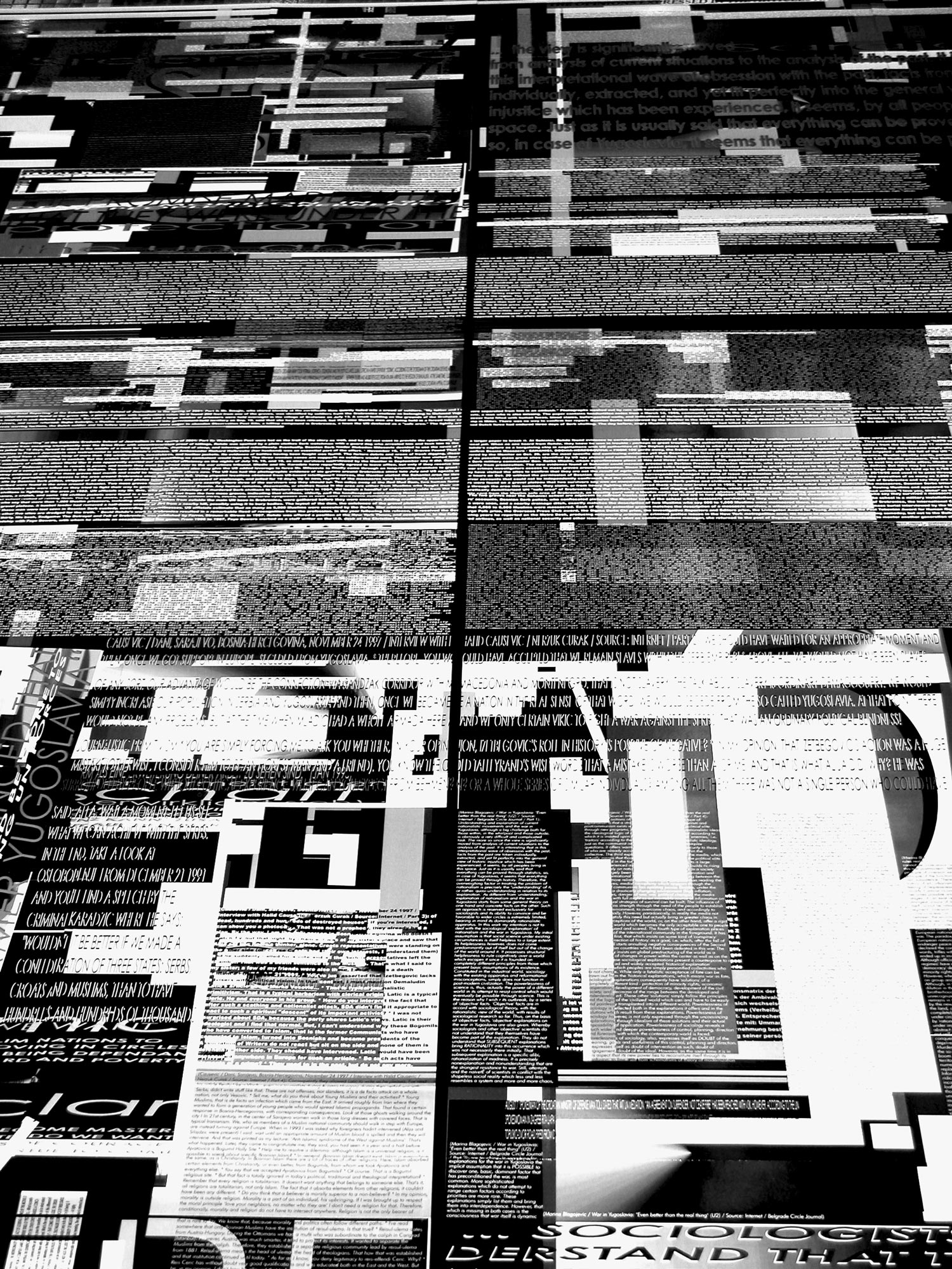Herwig Steiner (1956L) / Textfields/Battlefields Discourses – Yugoslavia / Floorinstallation / computergenerierte Prints auf Papier / Muzej Istorije Jugoslavije, Beograd/SRB / 2002